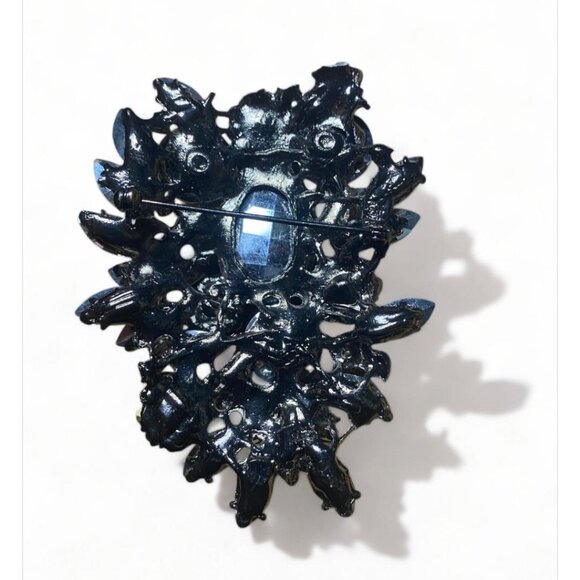 Brooch Vintage Black Large Glass Rhinestone Flower Bag Charm Twilly Charm - Picture 4 of 5